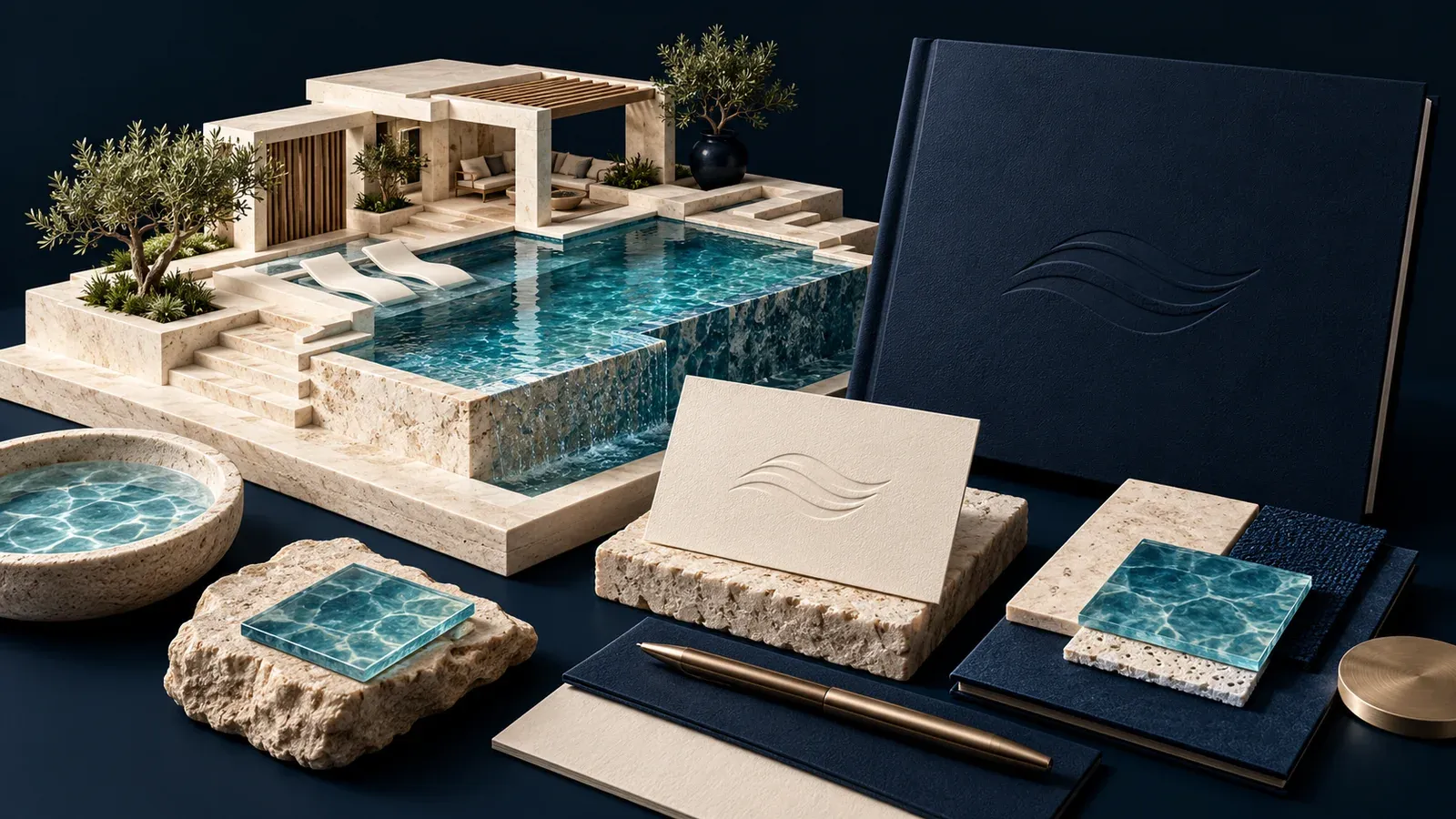 Pool-inspired brand book, color palette and stationery arranged on a dark background.